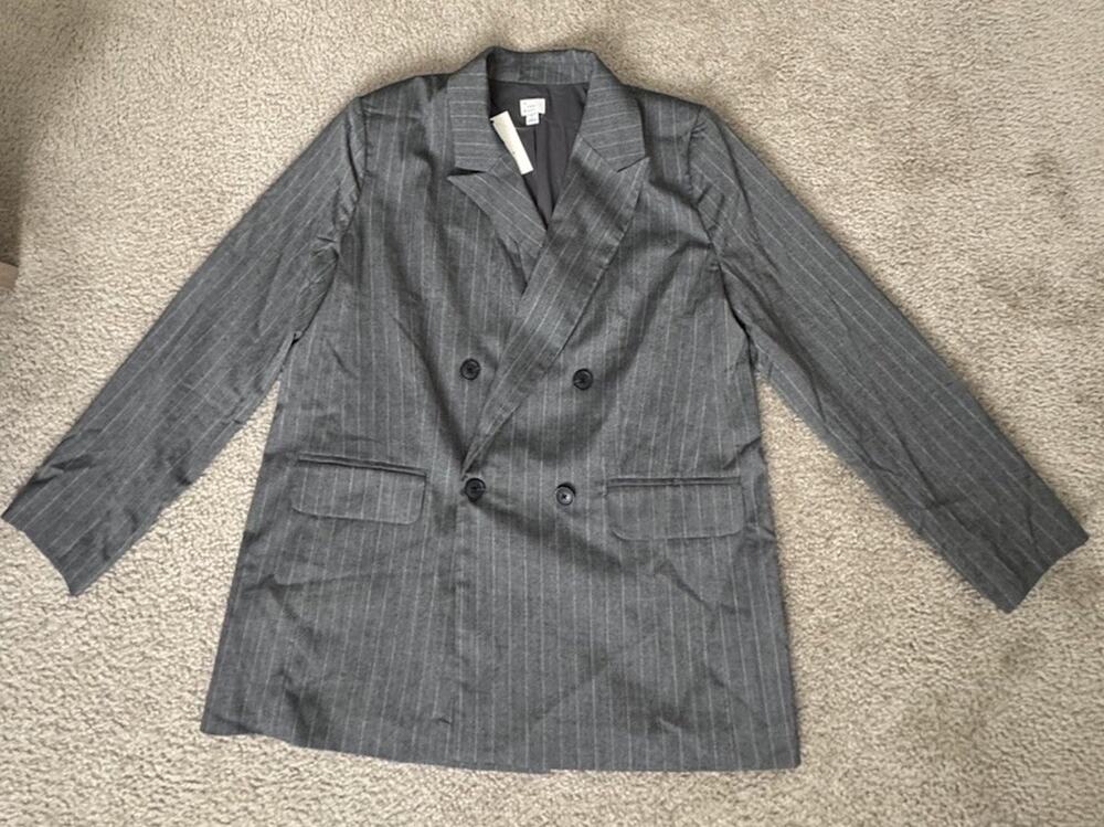 A New Day Women's Button Up Double Breasted Blazer Jacket Gray Pinstripe LG NWT